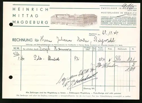 Rechnung Magdeburg 1940, Textilgrowarenhandlung Heinrich Mittag, Blick auf das Werk