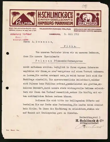 Rechnung Hamburg 1911, Palmin / Palmona Aktien Gesellschaft H. Schlinck & Cie.