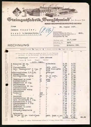 Rechnung Bad Schmiedeberg 1937, Steingutfabrik Bergschmied, Hermann Buse, Blick auf die Fabrik