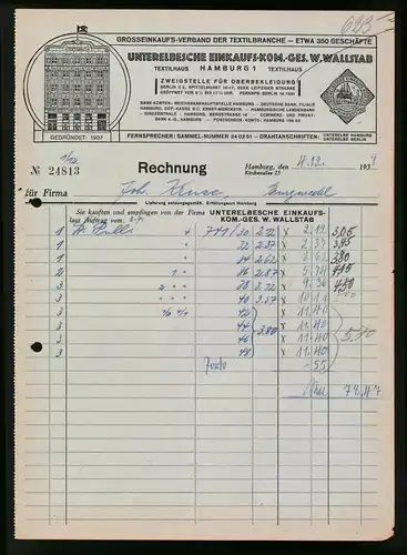 Rechnung Hamburg 1939, Unterelbsche Einkaufs-Kom.-Ges. W. Wallstab, Ansicht der Verkaufshausfront