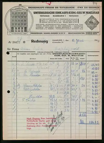 Rechnung Hamburg 1940, Unterelbsche Einkaufs-Kom.-Ges. W. Wallstab, Ansicht der Verkaufshausfront