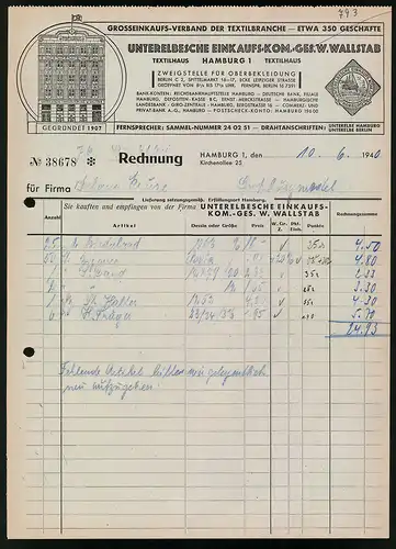 Rechnung Hamburg 1940, Unterelbsche Einkaufs-Kom.-Ges. W. Wallstab, Ansicht der Verkaufshausfront
