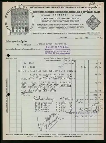 Rechnung Bremen 1940, Unterelbsche Einkaufs-Kom.-Ges. W. Wallstab, Ansicht der Verkaufshausfront