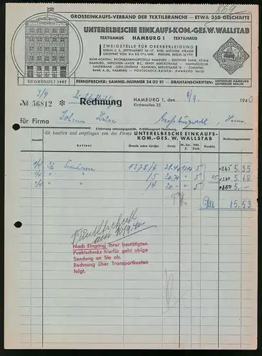 Rechnung Hamburg 1940, Unterelbsche Einkaufs-Kom.-Ges. W. Wallstab, Ansicht der Verkaufshausfront