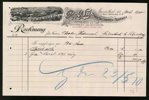 Rechnung Marienthal 1910, Metallwaren-Fabrik R. & O. Lux, Ansicht der Fabrikanlage