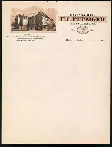 Rechnung Hainichen i. Sa., Havanna-Haus F. C. Putziger, Ansicht des Hauses