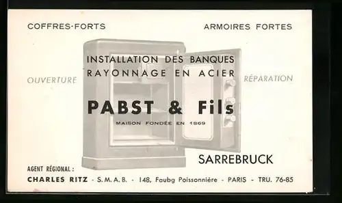 Vertreterkarte Sarrebruck, Installation des Banques Rayonnage en acier, Pabst & Fils, Geldschränke, Safes