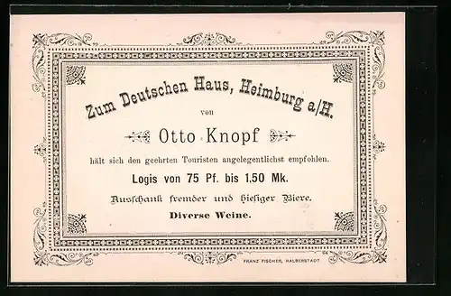 Vertreterkarte Heimburg a. H., Hotel zum Deutschen Haus von Otto Knopf