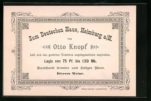Vertreterkarte Heimburg a. H., Hotel Restaurant Zum Deutschen Haus von Otto Knopf