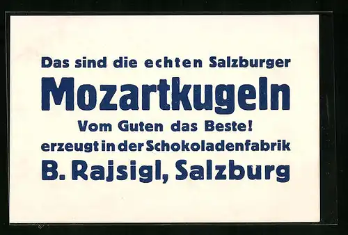 Vertreterkarte Salzburg, Mozartkugeln Schokoladenfabrik B. Rajsigli