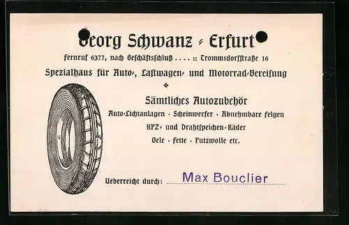 Vertreterkarte Erfurt, Spezialhaus für Auto, Lastwage und Motorrad-Bereifung Georg Schwanz