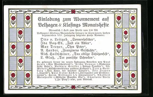 Vertreterkarte Bielefeld, Velhagen & Klasings Monatshefte, Einladung zum Abonnement