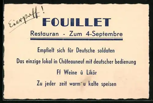 Vertreterkarte Chateauneuf, Restauran Fouillet, Empfielt sich für Deutsche Soldaten