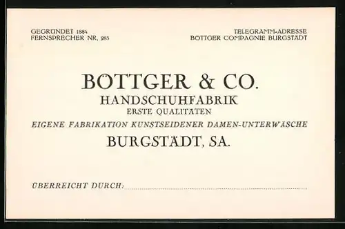 Vertreterkarte Burgstädt i. Sa., Handschuhfabrik Böttger & Co., eigene Fabrikation