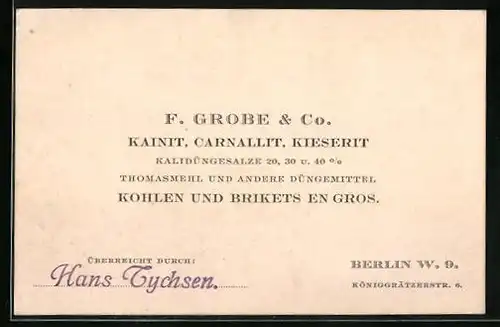 Vertreterkarte Berlin, Vertreib für Kainit, Carnalliut, Kieserit, Firma F. Grobe & Co.