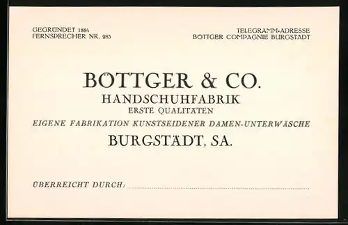 Vertreterkarte Burgstädt i. Sa., Handschuhfabrik Böttger & Co., eigene Fabrikation