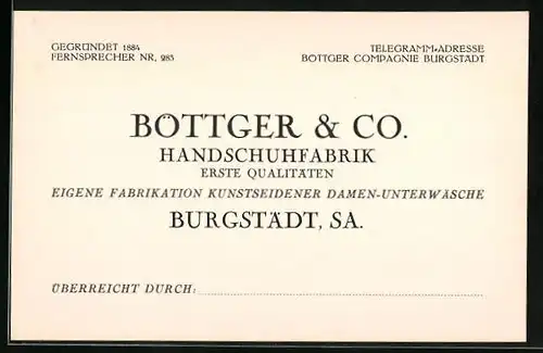 Vertreterkarte Burgstädt i. Sa., Handschuhfabrik Böttger & Co., eigene Fabrikation