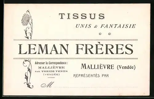 Vertreterkarte Mallievre, Tissus unis & fantaise Leman Freres