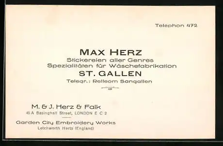 Vertreterkarte St. Gallen, Spezialitäten für Wäschefabrikation Max Herz