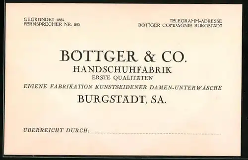 Vertreterkarte Burgstädt i. Sa., Handschuhfabrik Böttger & Co., mit eigener Fabrikation