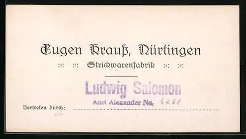 Vertreterkarte Nürtingen, Strickwarenfabrik Eugen Krauss