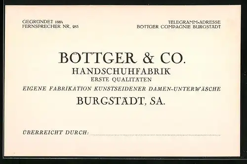 Vertreterkarte Burgstädt i. Sa., Handschuhfabrik Böttger & Co.