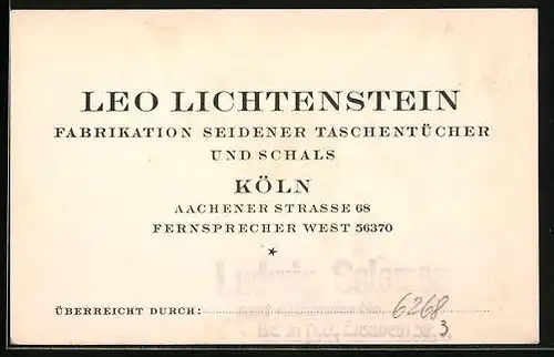 Vertreterkarte Köln, Fabrikation seidener Taschentücher und Schals, Leo Lichtenstein