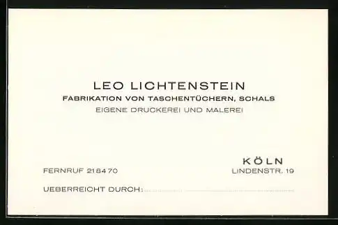 Vertreterkarte Köln, Fabrikation von Taschentüchern und Schals, Leo Lichtenstein