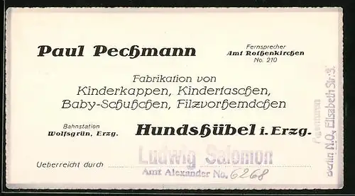 Vertreterkarte Hundshübel i. Erzg., Fabrikation von Kinderkappen, Kindertaschen, Baby-Schuhchen von Paul Pechmann