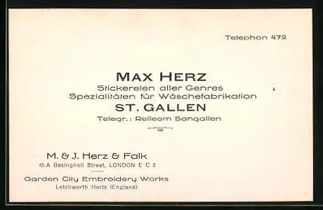Vertreterkarte St. Gallen, Stickerei aller Genres, Spezialitäten für Wäschefabrikation Max Herz