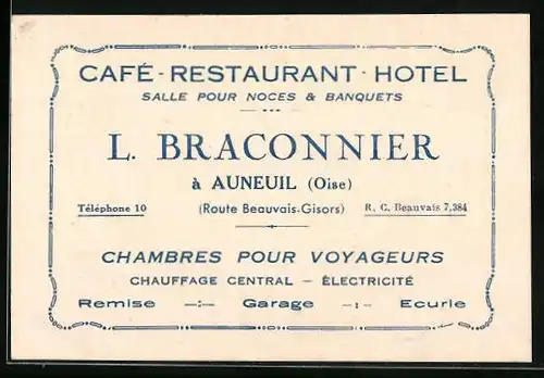 Vertreterkarte Auneuil, Cafe Restaurant Hotel L. Braconnier