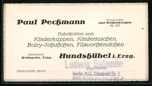 Vertreterkarte Hundshübel i. Erzg., Paul Lechmann, Fabrikation von Kinderkappen, Kindertaschen, Baby-Schuhchen