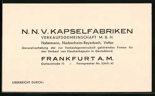 Vertreterkarte Frankfurt a. M., Verkaufsgemeinschaft M.B.H., N.N.V. Kapselfabriken, Verkauf von Flaschenkapseln