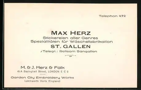 Vertreterkarte St. Gallen, Stickerei aller Genres, Spezialitäten für Wäschenfabrikation Max Herz
