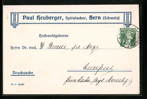 Vertreterkarte Bern, Schweizer Alpenmilch, Kephirpastillen Paul Heubergers