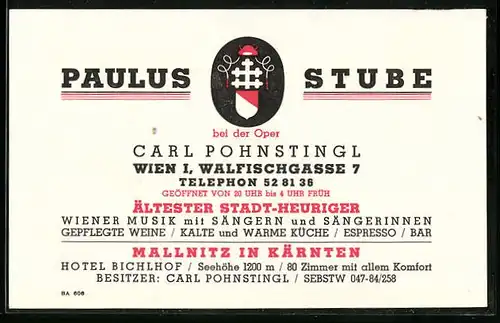 Vertreterkarte Wien, Restaurant Paulus Stube, Carl Pohnstingl, ältester Stadt-Heuriger