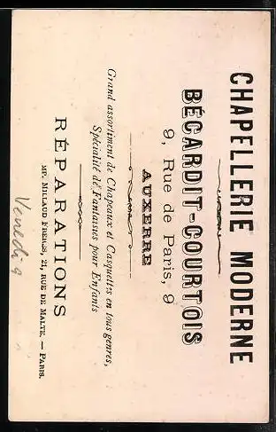 Vertreterkarte Auxerre, Chapellerie Moderne, Becardit-Courtois