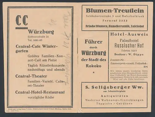 Werbebillet Würzburg, Werbeheft verschiedener Firmen in Würzburg wie Blumen-Treutlein, Palasthotel Russischer Hof u.v.m.