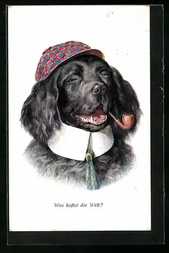 Künstler-AK Hund mit Mütze und Pfeife im Maul, vermenschlichte Tiere