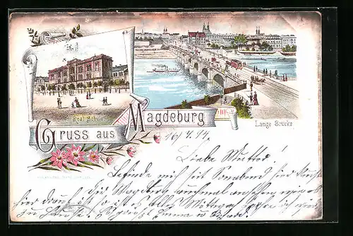 Vorläufer-Lithographie Magdeburg, 1894, Real-Schule, Lange Brücke