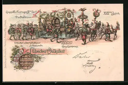 Lithographie Lübeck, Volksfest 1898, Gruppe VI des Festzuges, Bierbrauer