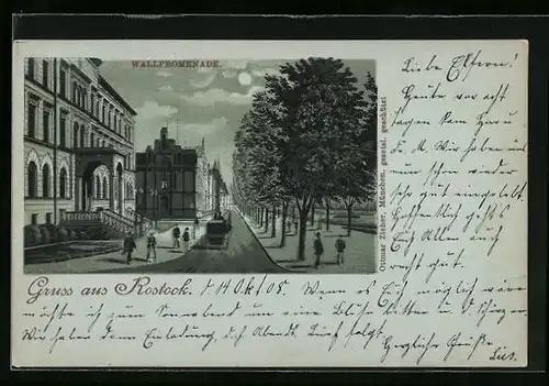 Mondschein-Lithographie Rostock, Strassenpartie der Wallpromenade