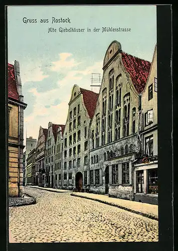 AK Rostock, Alte Giebelhäuser in der Mühlenstrasse