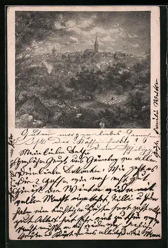 Vorläufer-AK Grünberg /Hessen, 1888, Blick über lichtes Buschland zur Stadt