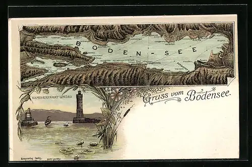 Lithographie Lindau /Bodensee, Hafeneinfahrt mit Leuchtturm und Dampfer, Panorama mit Mainau, Steinach u. Hagnau