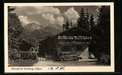 AK Hindelang i. Allgäu, Horncafé mit Auto