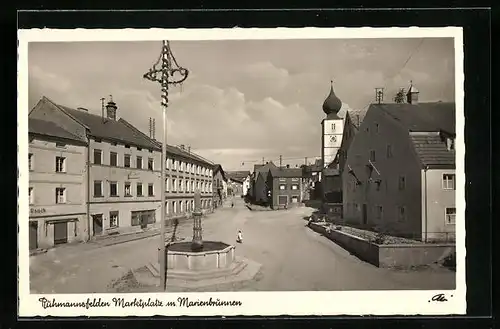 AK Ruhmannsfelden /Bayer. Wald, Marktplatz mit Kirche und Marienbrunnen