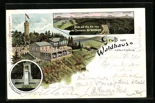 AK Stuttgart, Gasthaus Waldhaus auf dem Hasenberg, Hauffdenkmal, Blick auf die Alb mit Achalm, Rossberg und Hohenzollern