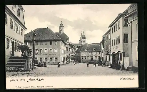 AK Amorbach, Marktplatz mit Gasthaus Meining Hof, Bierbrauerei Moritz Burkarth und Apotheke