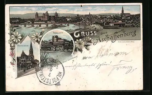 Vorläufer-Lithographie Aschaffenburg, 1895, Teilansicht und Königliches Schloss mit Brücke, Pompejanum, Stiftskirche